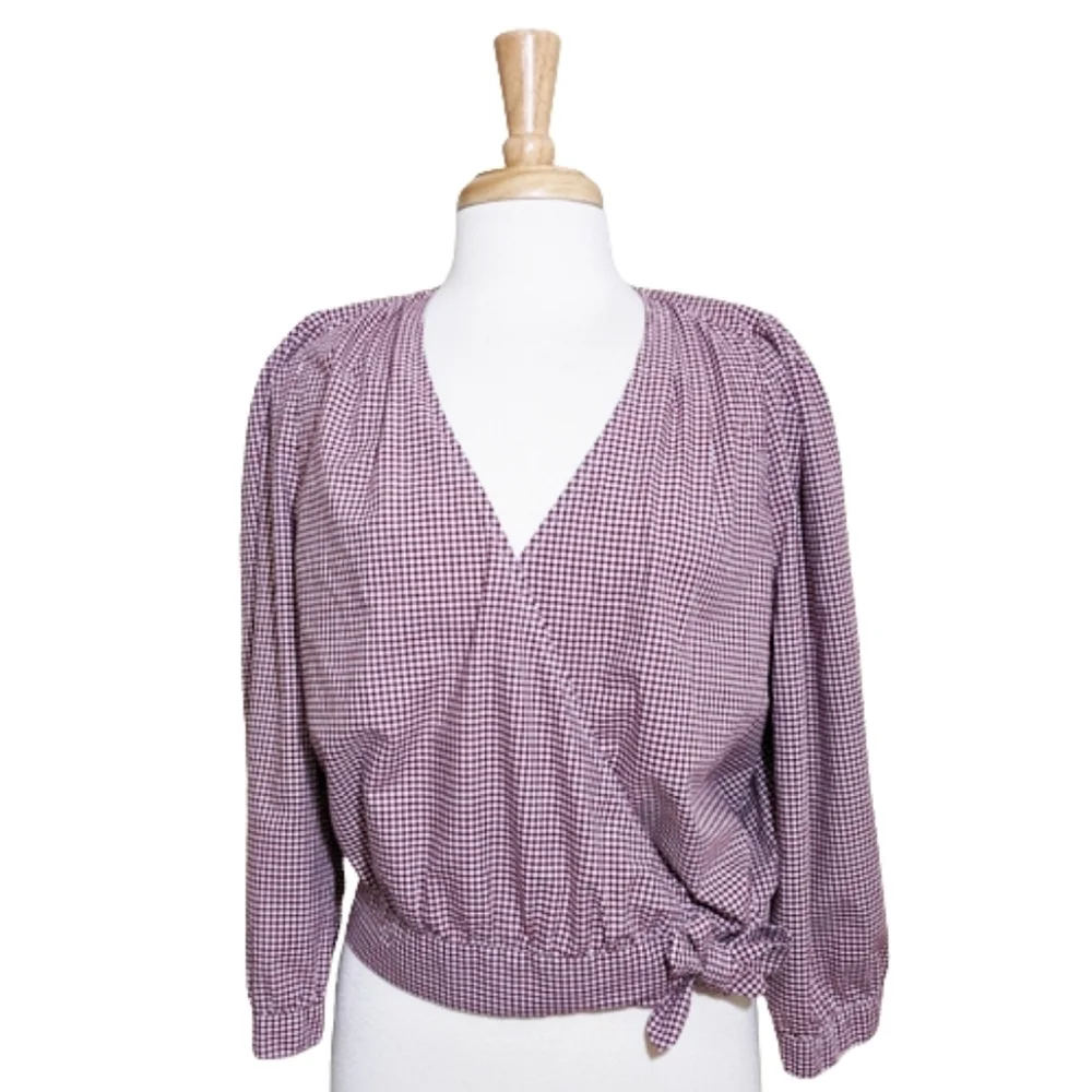 MADEWELL Burgundy Gingham Wrap Blouse/Top with 3/4 Sleeves - Picture 2 of 10